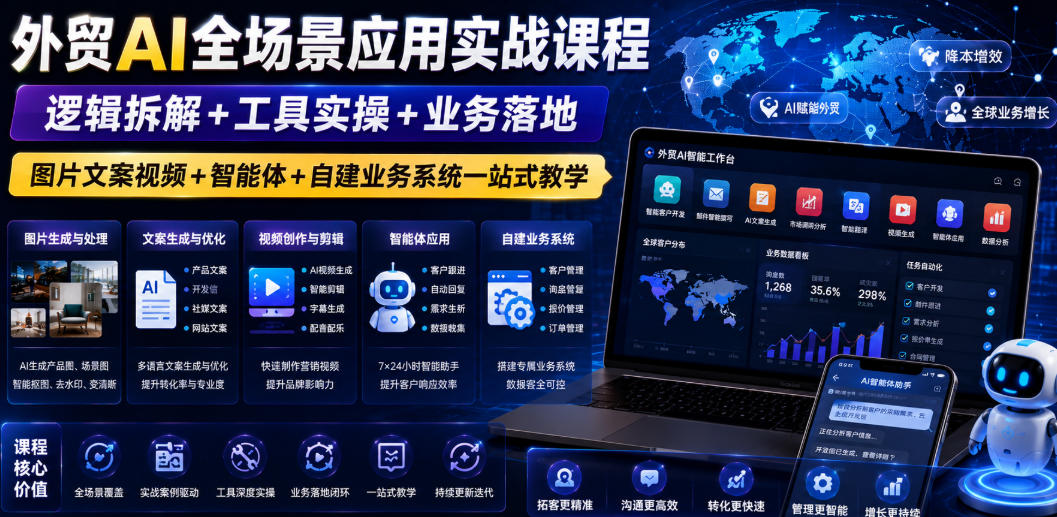 外贸AI全场景应用实战课程｜逻辑拆解+工具实操+业务落地，图片文案视频+智能体+自建业务系统一站式教学-lanti云网创