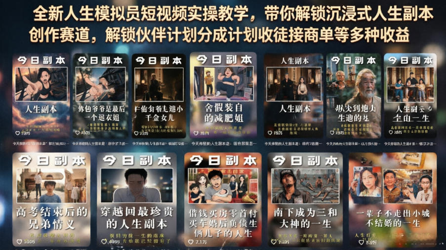 全新人生模拟员短视频实操教学,带你解锁沉浸式人生副本创作赛道,解锁伙伴计划分成计划收徒接商单等多种收益 1 全新人生模拟员短视频实操教学,带你解锁沉浸式人生副本创作赛道,解锁伙伴计划分成计划收徒接商单等多种收益