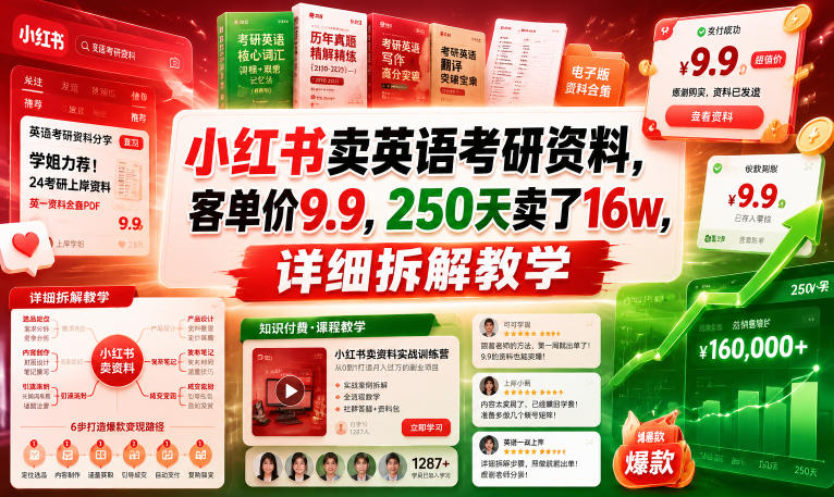 小红书卖英语考研资料，客单价9.9，250天卖了16w，详细拆解教学-lanti云网创