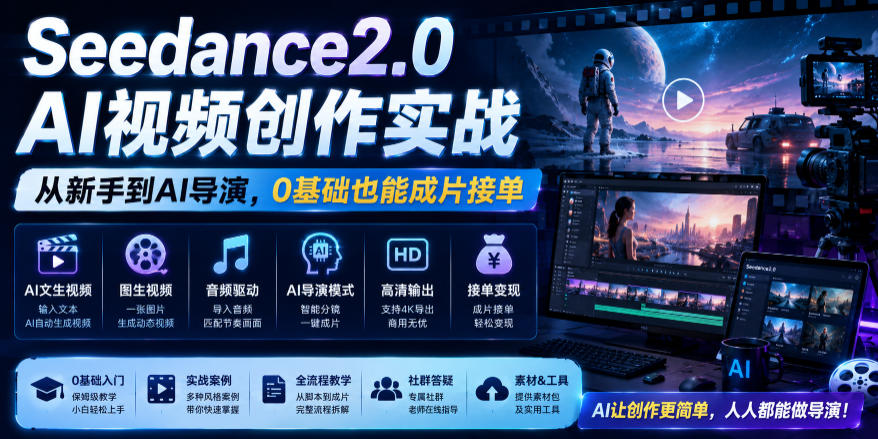 Seedance2.0 AI视频创作实战,从新手到AI导演,0基础也能成片接单变现 1 Seedance2.0 AI视频创作实战,从新手到AI导演,0基础也能成片接单变现