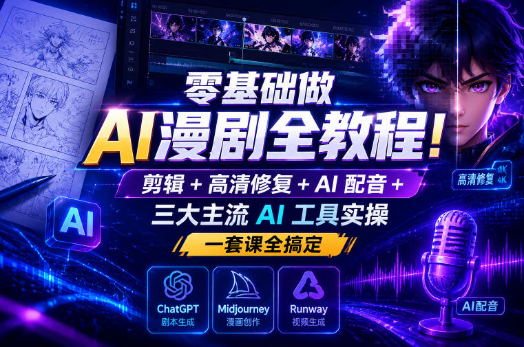零基础做AI漫剧全教程!剪辑+高清修复+AI配音+三大主流AI工具实操,一套课全搞定 1 零基础做AI漫剧全教程!剪辑+高清修复+AI配音+三大主流AI工具实操,一套课全搞定