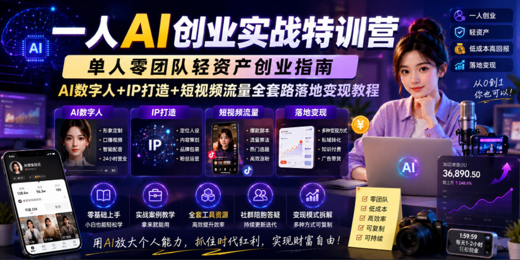 一人AI创业实战特训营,单人零团队轻资产创业指南,AI数字人+IP打造+短视频流量全套路落地变现教程 1 一人AI创业实战特训营,单人零团队轻资产创业指南,AI数字人+IP打造+短视频流量全套路落地变现教程