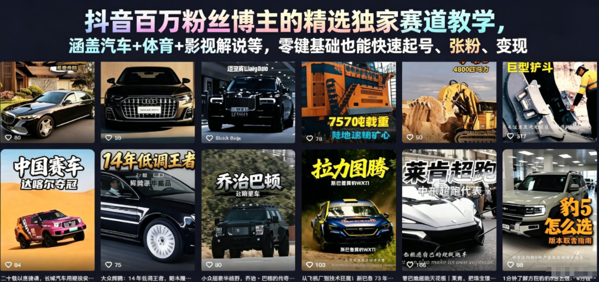 抖音百万粉丝博主的精选独家赛道教学,涵盖汽车+体育+影视解说等,零基础也能快速起号、涨粉、变现(更新0701) 1 抖音百万粉丝博主的精选独家赛道教学,涵盖汽车+体育+影视解说等,零基础也能快速起号、涨粉、变现(更新0701)