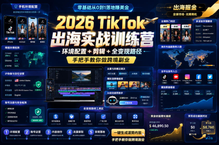 2026 TikTok出海实战训练营，环境配置 + 剪辑 + 全变现路径，手把手教你做跨境副业 - LanTi云网创-lanti云网创