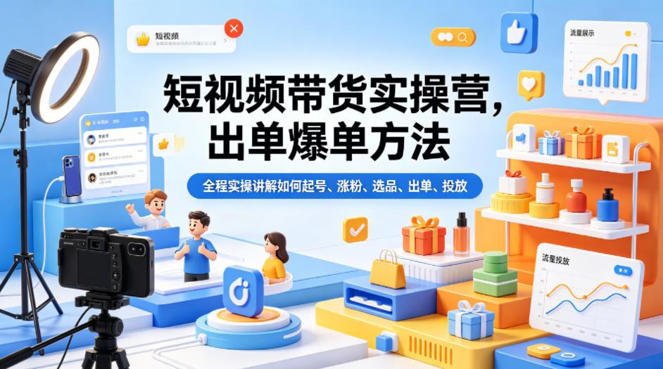 短视频带货实操营，出单爆单方法，全程实操讲解如何起号、涨粉、选品、出单、投放-lanti云网创