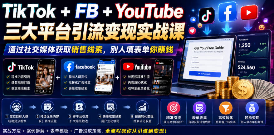 TikTok+FB+YouTube三大平台引流变现实战课，通过社交媒体获取销售线索，别人填表单你賺钱【原创双语字幕】-lanti云网创