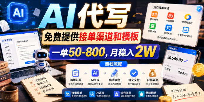 AI代写,免费提供接单渠道和模板,一单50-800,月稳入2W【揭秘】-lanti云网创