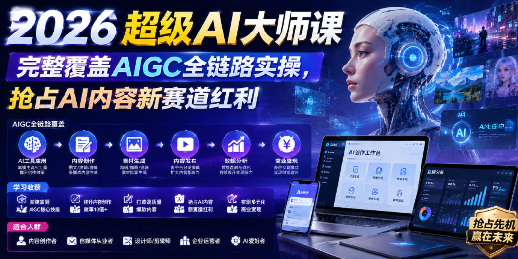 2026超级AI大师课,完整覆盖AIGC全链路实操,抢占AI内容新赛道红利 1 2026超级AI大师课,完整覆盖AIGC全链路实操,抢占AI内容新赛道红利