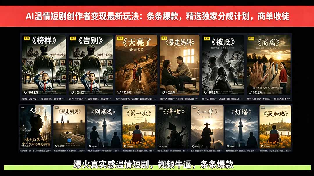 AI温情短剧创作者变现最新玩法：视频牛逼，条条爆款，精选独家分成计划，商单收徒-lanti云网创