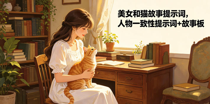 美女和猫故事提示词，人物一致性提示词+故事板-lanti云网创