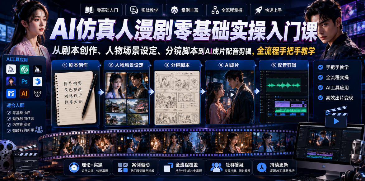 AI仿真人漫剧零基础实操入门课，从剧本创作、人物场景设定、分镜脚本到AI成片配音剪辑，全流程手把手教学-lanti云网创