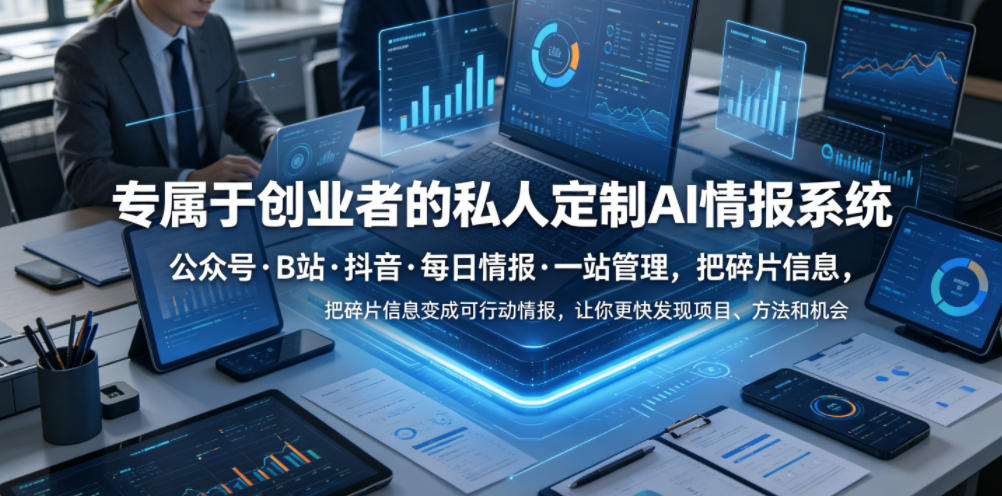 专属于创业者的私人定制AI情报系统,公众号·B站·抖音·每日情报·一站管理,把碎片信息变成可行动情报,让你更快发现项目、方法和机会 1 专属于创业者的私人定制AI情报系统,公众号·B站·抖音·每日情报·一站管理,把碎片信息变成可行动情报,让你更快发现项目、方法和机会