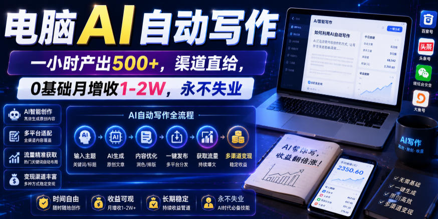 电脑AI自动写作,一小时产出500+,渠道直给,0基础月增收1-2W,永不失业【揭秘】-lanti云网创