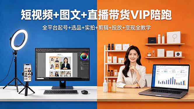 短视频+图文+直播带货VIP陪跑，全平台起号+选品+实拍+剪辑+投放+变现全教学-lanti云网创