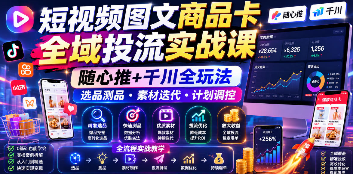 短视频图文商品卡全域投流实战课,随心推+千川全玩法,选品测品・素材迭代・计划调控,提升ROI爆单增收教程-lanti云网创