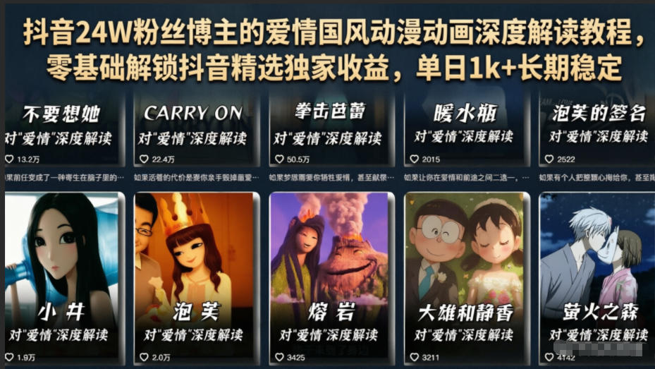 抖音24W粉丝博主的爱情国风动漫动画深度解读教程,零基础解锁抖音精选独家收益,单日1k+长期稳定 1 抖音24W粉丝博主的爱情国风动漫动画深度解读教程,零基础解锁抖音精选独家收益,单日1k+长期稳定