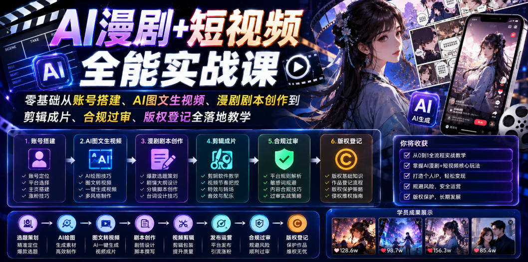 AI漫剧+短视频全能实战课｜零基础从账号搭建、AI图文生视频、漫剧剧本创作到剪辑成片、合规过审、版权登记全落地教学 - LanTi云网创-lanti云网创