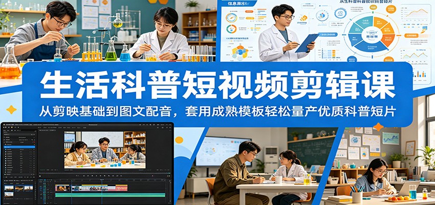 生活科普短视频剪辑课：从剪映基础到图文配音，套用成熟模板轻松量产优质科普短片-lanti云网创