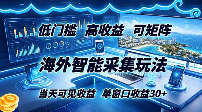 海外智能采集玩法，低门槛高单价可矩阵，当天可见收益，单窗口30+-lanti云网创