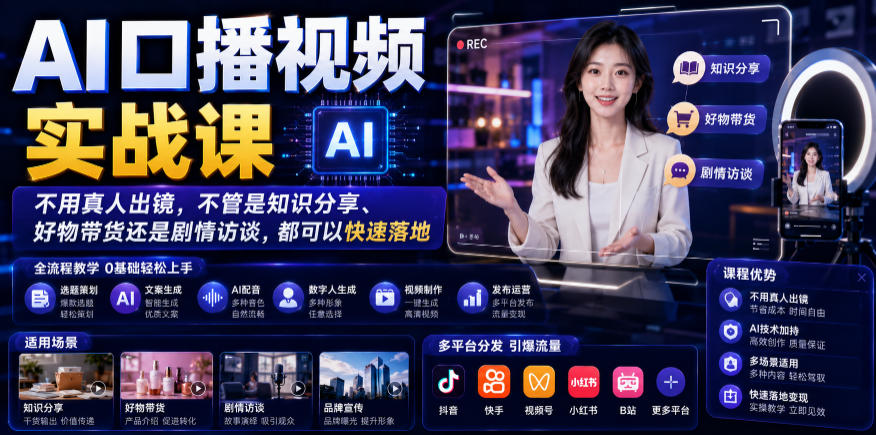 AI口播视频实战课,不用真人出镜,不管是知识分享、好物带货还是剧情访谈,都可以快速落地 1 AI口播视频实战课,不用真人出镜,不管是知识分享、好物带货还是剧情访谈,都可以快速落地