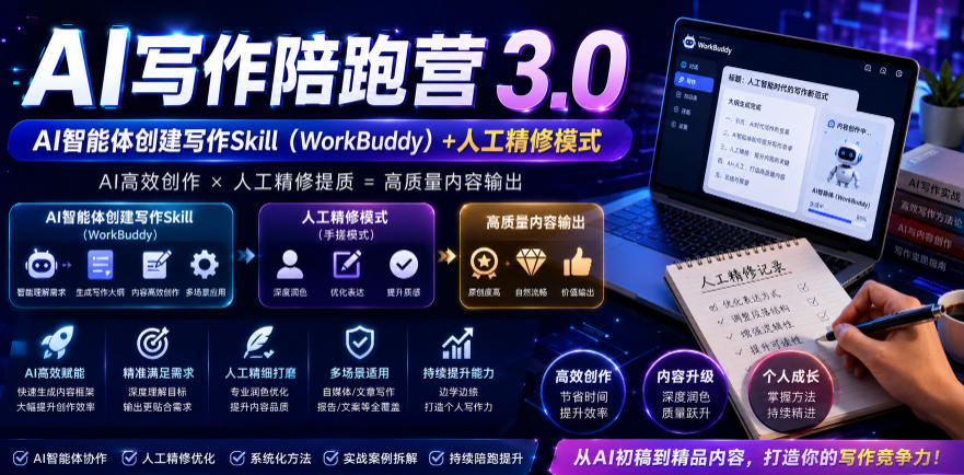 AI写作陪跑营3.0,Ai智能体创建写作skill(workbuddy)+人工手写模式(手搓模式),去除AI痕迹(头条号、公众号、百家号)-lanti云网创