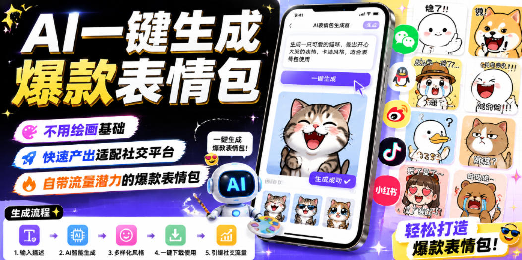 AI一键生成爆款表情包,不用绘画基础,快速产出适配社交平台,自带流量潜力的爆款表情包 1 AI一键生成爆款表情包,不用绘画基础,快速产出适配社交平台,自带流量潜力的爆款表情包