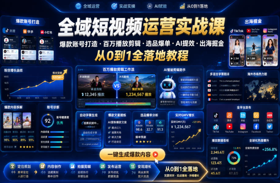 全域短视频运营实战课,爆款账号打造・百万播放剪辑・选品爆单・AI提效・出海掘金,从0到1全落地教程 1 全域短视频运营实战课,爆款账号打造・百万播放剪辑・选品爆单・AI提效・出海掘金,从0到1全落地教程