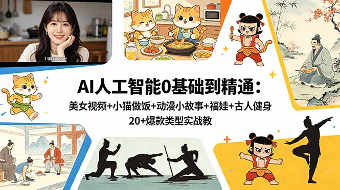AI人工智能0基础到精通:美女视频+小猫做饭+动漫小故事+福娃+古人健身,20+爆款类型实战教学-lanti云网创