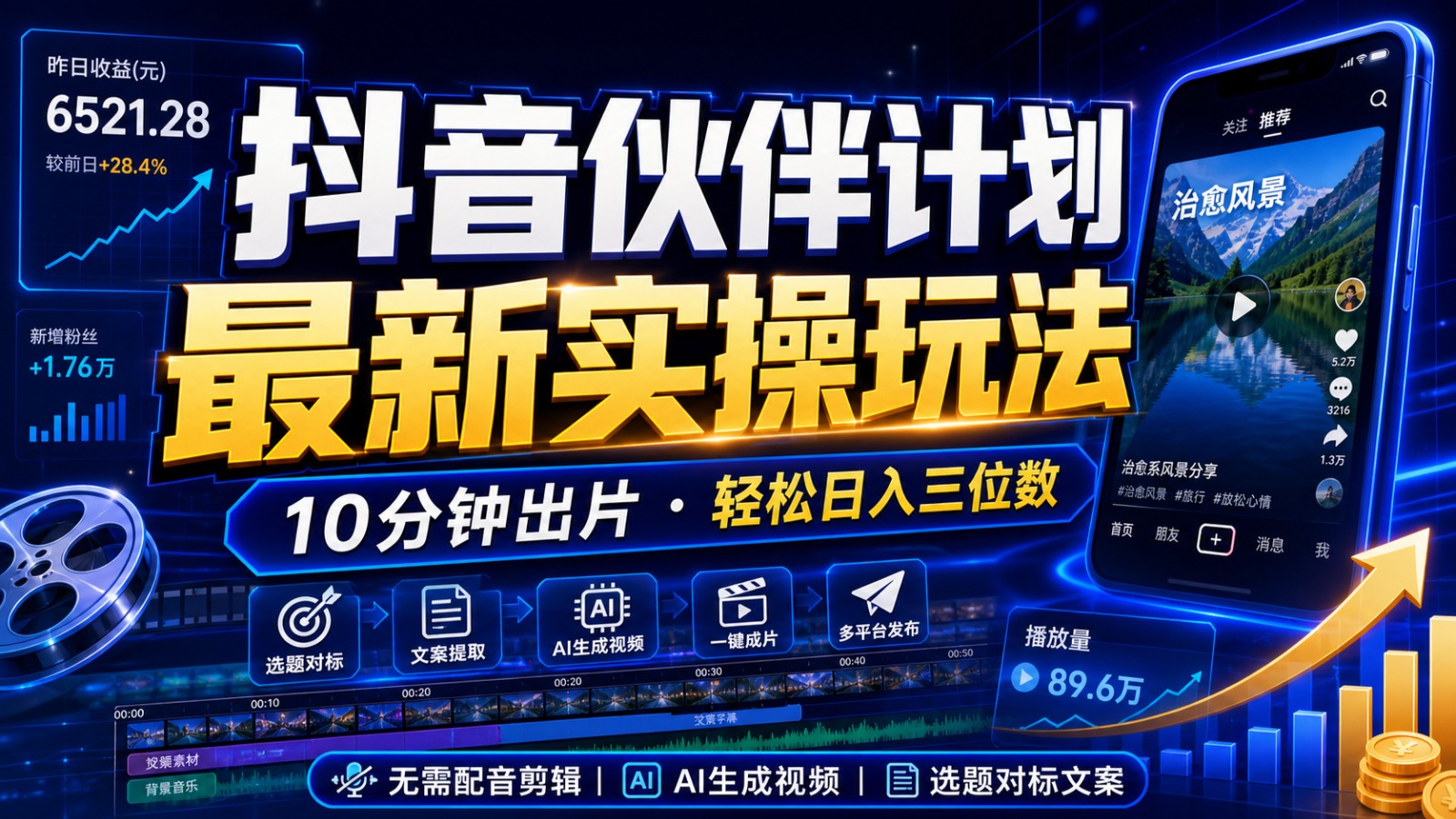 抖音伙伴计划最新暴利玩法,不用找素材和剪辑,10分钟出一条原创视频,轻松日入三位数-lanti云网创
