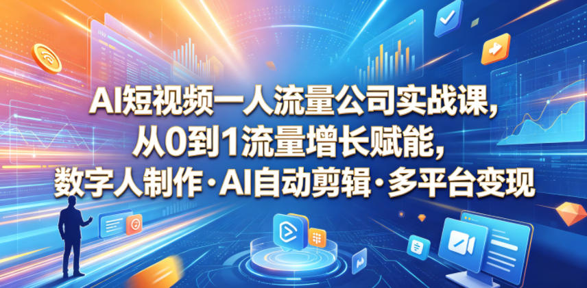 AI短视频一人流量公司实战课，从0到1流量增长赋能，数字人制作・AI自动剪辑・多平台变现，一人做流量生意全落地教程 - LanTi云网创-lanti云网创