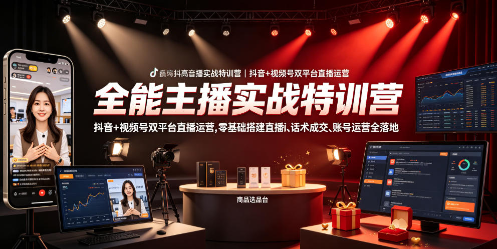 全能主播实战特训营|抖音+视频号双平台直播运营,零基础搭建直播间、精准选品、话术成交、账号运营全落地-lanti云网创