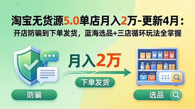 淘宝无货源5.0单店月入2万-更新5月：开店防骗到下单发货，蓝海选品+三店循环玩法全掌握-lanti云网创