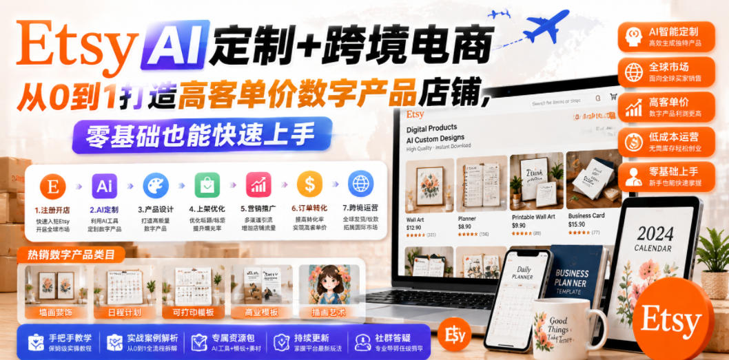 Etsy AI定制+跨境电商,从0到1打造高客单价数字产品店铺,零基础也能快速上手 1 Etsy AI定制+跨境电商,从0到1打造高客单价数字产品店铺,零基础也能快速上手