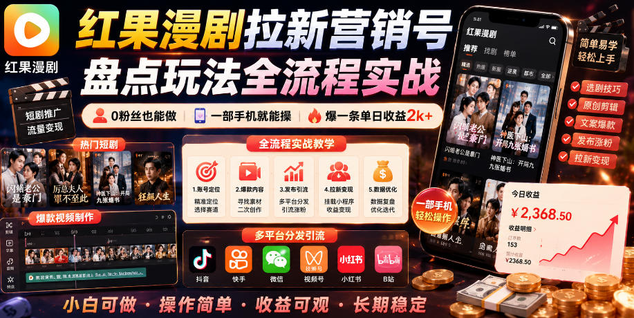 红果漫剧拉新营销号盘点玩法全流程实战,0粉丝也能做,一部手机就能做,爆一条单日收益2k+ 1 红果漫剧拉新营销号盘点玩法全流程实战,0粉丝也能做,一部手机就能做,爆一条单日收益2k+