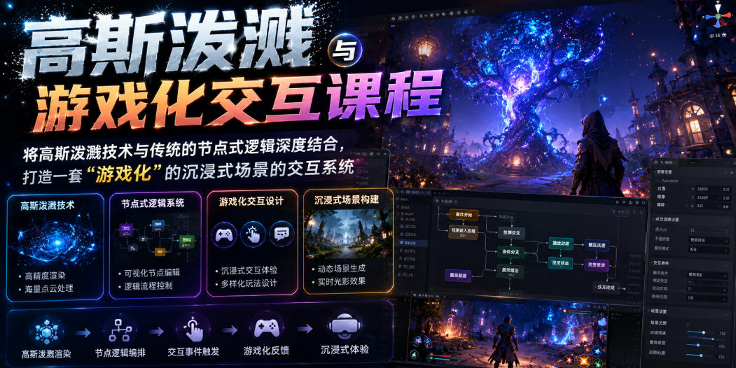 高斯泼溅与游戏化交互课程,将高斯泼溅技术与传统的节点式逻辑深度结合,打造一套“游戏化”的沉浸式场景的交互系统 1 高斯泼溅与游戏化交互课程,将高斯泼溅技术与传统的节点式逻辑深度结合,打造一套“游戏化”的沉浸式场景的交互系统