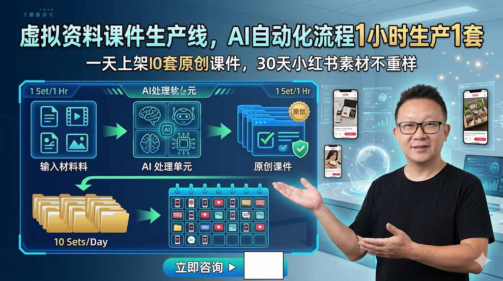 虚拟资料课件生产线,AI自动化流程1小时生产1套,一天上架10套原创课件,30天小红书素材不重样 1 b1609a13a0e4806d5196ac9b54a8e0a3