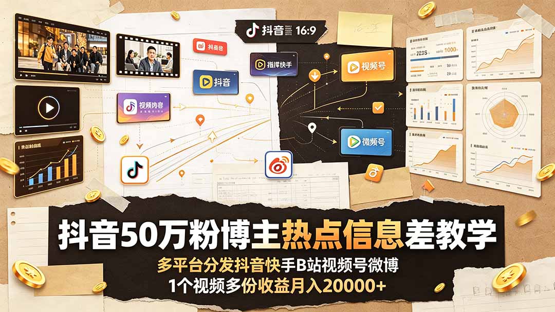 抖音50万粉博主热点信息差教学:多平台分发抖音快手B站视频号微博,1个视频多份收益月入20000+-lanti云网创
