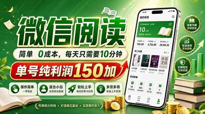 最新微信阅读，每日10分钟，单号利润150+，可批量放大操作，简单0成本-lanti云网创