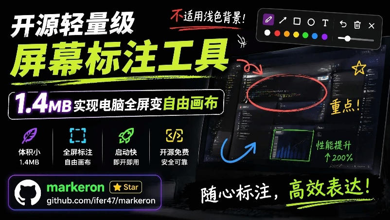 开源轻量级屏幕标注工具，1.4MB实现电脑全屏变自由画布！支持8种标注工具和全键盘操控MarkerOn - LanTi云网创-lanti云网创