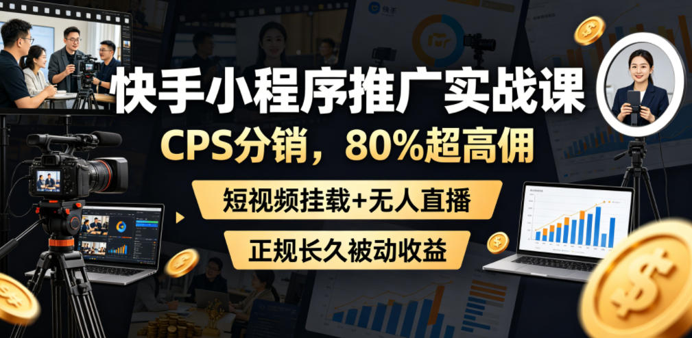 快手小程序推广实战课，CPS分销，80%超高佣，短视频挂载+无人直播，正规长久被动收益-lanti云网创