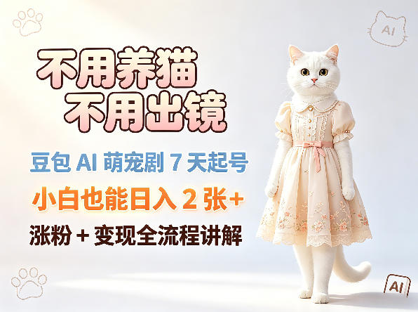 不用养猫不用出镜，豆包AI萌宠剧7天起号，小白也能日入2张+，涨粉+变现全流程讲解-lanti云网创