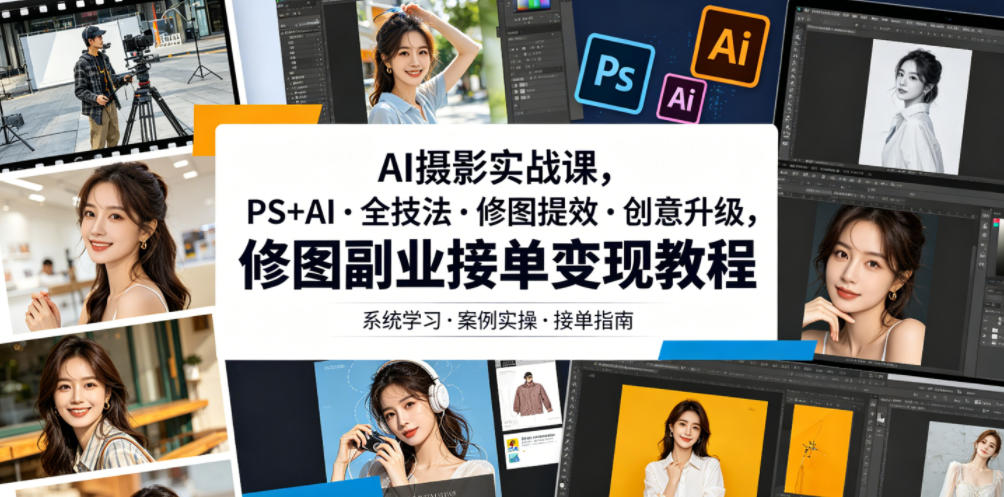 AI摄影实战课，PS+AI・全技法・修图提效・创意升级，修图副业接单变现教程-lanti云网创