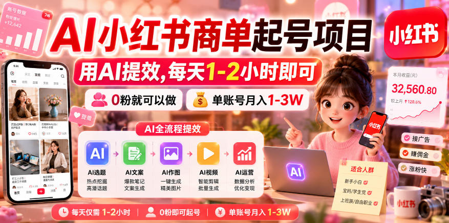 AI小红书商单起号项目,用AI提效,每天1-2小时即可,0粉就可以做,单账号月入1-3W 1 AI小红书商单起号项目,用AI提效,每天1-2小时即可,0粉就可以做,单账号月入1-3W