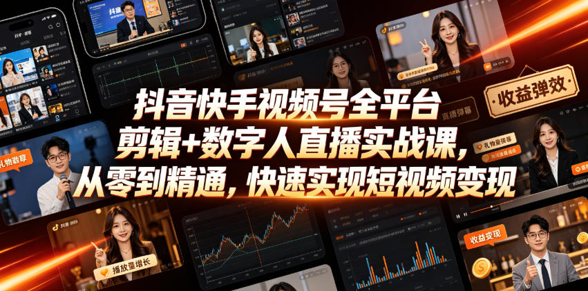 抖音快手视频号全平台剪辑+数字人直播实战课,从零到精通,快速实现短视频变现(更新2026年6月) 1 抖音快手视频号全平台剪辑+数字人直播实战课,从零到精通,快速实现短视频变现(更新2026年6月)