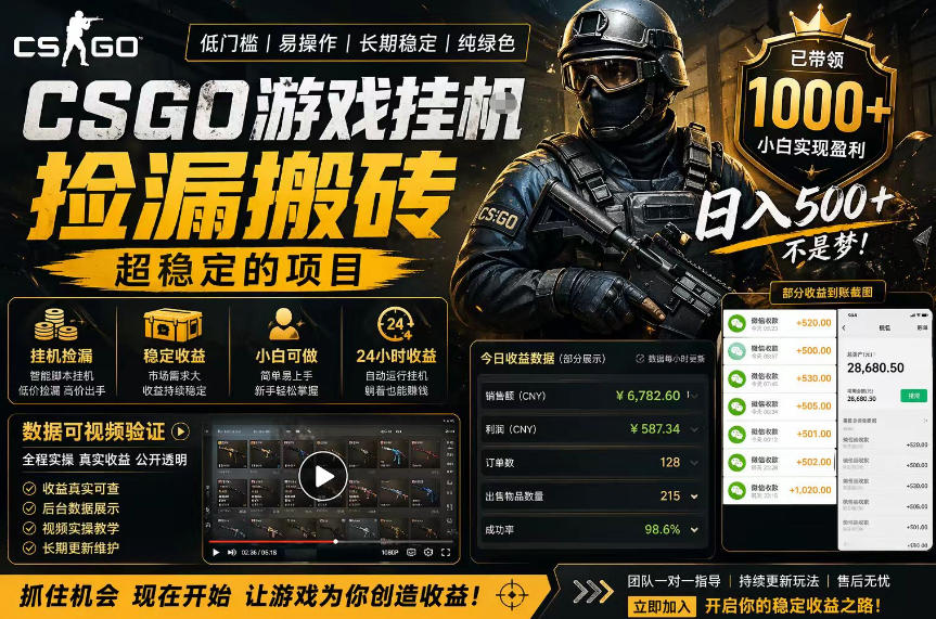 CSGO游戏搬砖，全自动挂G，不需要玩游戏，手机操作日入300+，解放双手【揭秘】-lanti云网创