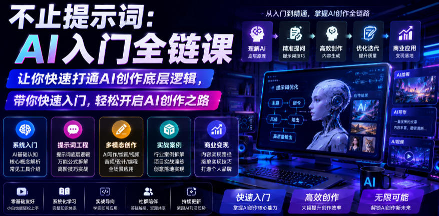 不止提示词:AI入门全链课,让你快速打通AI创作底层逻辑,带你快速入门,轻松开启AI创作之路 1 不止提示词:AI入门全链课,让你快速打通AI创作底层逻辑,带你快速入门,轻松开启AI创作之路
