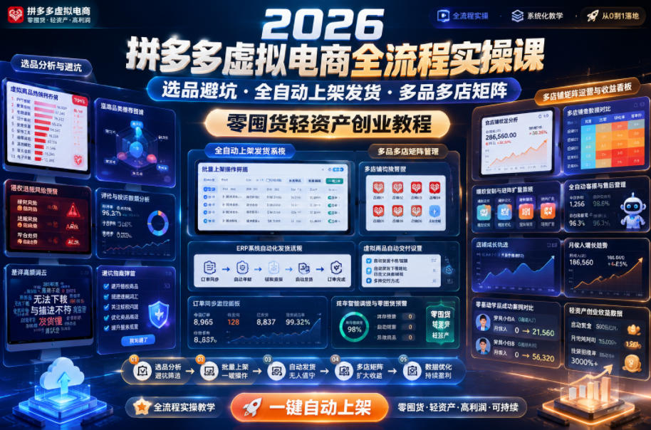 2026拼多多虚拟电商全流程实操课,选品避坑・全自动上架发货・多品多店矩阵,零囤货轻资产创业教程 1 2026拼多多虚拟电商全流程实操课,选品避坑・全自动上架发货・多品多店矩阵,零囤货轻资产创业教程