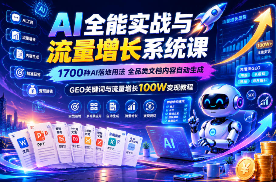 AI全能实战与流量增长系统课，1700种AI落地用法，全品类文档内容自动生成，GEO关键词与流量增长100W变现教程 - LanTi云网创-lanti云网创