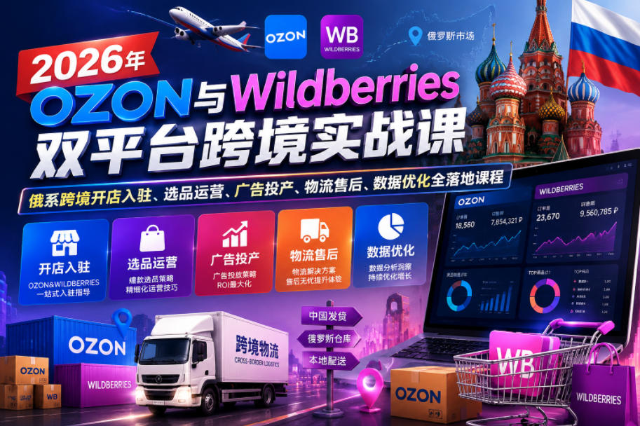 2026年OZON与Wildberries双平台跨境实战课,俄系跨境开店入驻、选品运营、广告投产、物流售后、数据优化全落地课程 1 2026年OZON与Wildberries双平台跨境实战课,俄系跨境开店入驻、选品运营、广告投产、物流售后、数据优化全落地课程