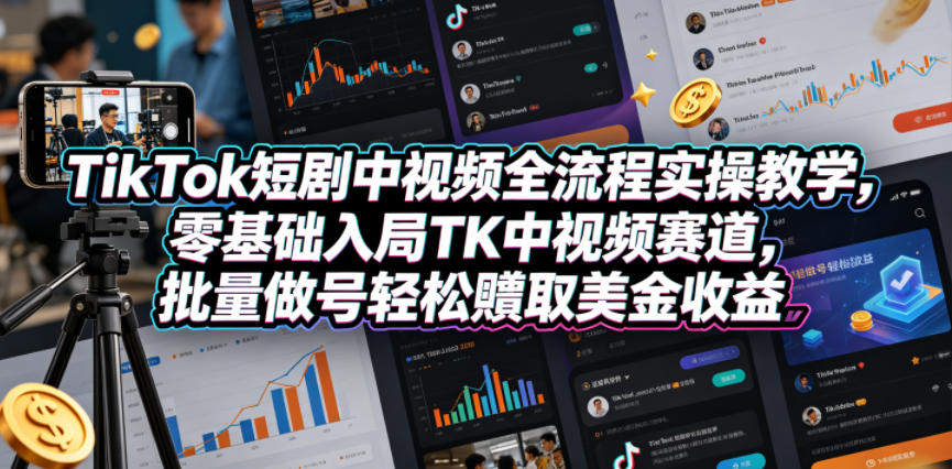 TikTok短剧中视频全流程实操教学，零基础入局TK中视频赛道，批量做号轻松賺取美金收益-lanti云网创